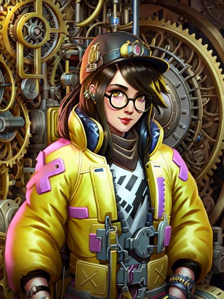 A portrait of kljy, yellow jacket,  with a steampunk aesthetic, surrounded by gears, machinery, and other Victorian-era inventions. By James Ng, Jules Verne, or H.G. Wells.