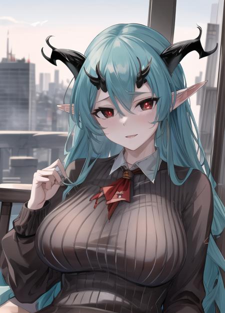 masterpiece, best quality, highres,  1girl,city background, salus , horns, demon horns, four horns, <lyco:salus_v2:0.85>, black sclera, pale skin, red pupils, aqua hair, cotton sweater, long sleeves, sweater