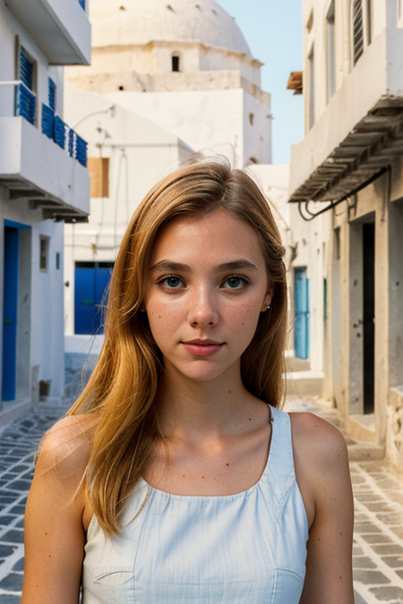 AndreaFrolikova, portrait, ((Santorini, Greece (whitewashed streets), charming village streets, white-washed buildings, blue domes, Aegean Sea views))