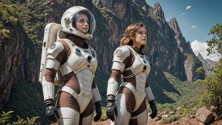 masterpiece, Highly detailed RAW color Photo, wide shot, Full Body, of (Young Woman space soldier, wearing brown and white space suit, helmet, tinted face shield, rebreather, accentuated booty), outdoors, (looking up at advanced alien structure, on alien planet), toned body, big butt, (mythpunk), (mountains:1.1), (lush green vegetation), (two moons in sky:0.8), (highly detailed, hyperdetailed, intricate), (lens flare:0.7), (bloom:0.7), particle effects, raytracing, cinematic lighting, shallow depth of field, ((RAW, analog style)), cinematic lighting, atmospheric lights, god rays, ultra detailed, bloom, dramatic atmosphere, centered, rule of thirds, f/4, 17mm, Aerial Shot