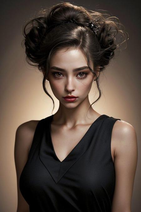 A detailed portrait of a young woman exuding elegance and natural grace. She has a voluminous updo hairstyle with wisps of hair tenderly framing her face. Her hazel eyes are accentuated by tasteful makeup, s. She wears a high-necked black top, suggesting a blend of casual refinement. The lighting should illuminate her face against a subdued background, emphasizing her calm and confident expression. High Fashion, dynamic, dramatic, elegant, High fashion supermodel, avant garde style
fFaceDetaile