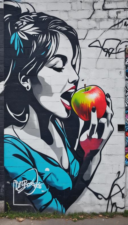 graffiti of a woman eating an apple in a wall, street art, vibrant, urban, detailed, tag, mural