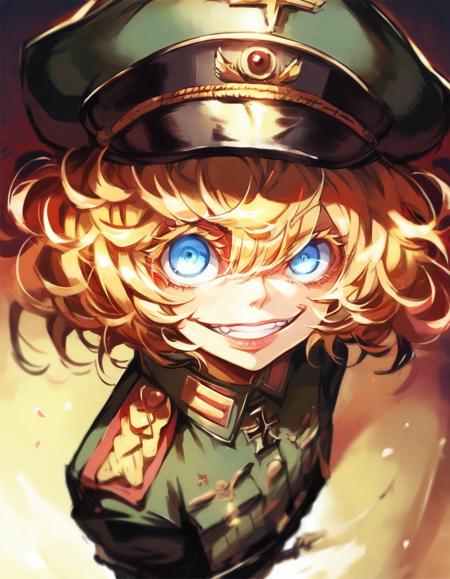 tanyatheevil, military uniform, blonde hair blue eyes yellow eyes hat evil smile