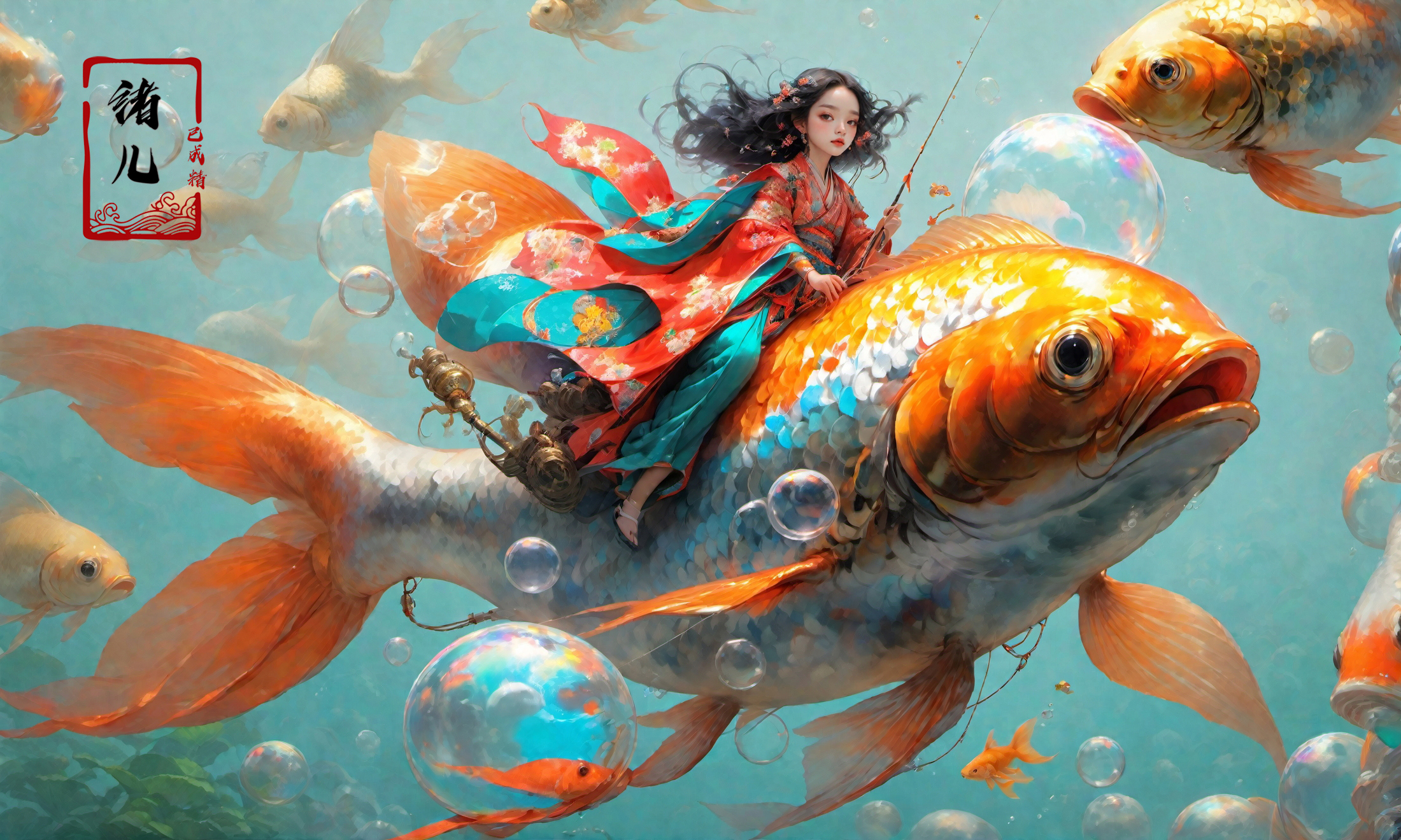 Asian Woman Riding a Giant Koi Fish in a Painting