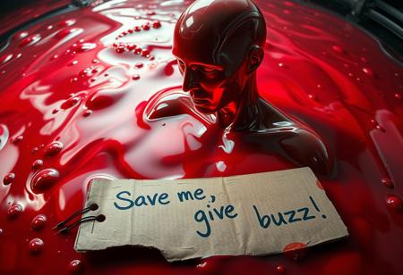 “Plastic Man morphing into a pool of blood, blending human and liquid features with intricate high-technology details. His body exhibits glossy, translucent plastic textures merging seamlessly with the deep red, viscous surface of the blood, rippling with a surreal, fluid-like motion. Random, glowing, fancy spots illuminate the scene, resembling futuristic bio-luminescence. A rotten piece of cardboard lies in the foreground, damp and crumpled, with bold, messy handwriting that reads: ‘Save me, give me buzz!’ The setting is an abstract, high-tech environment, filled with mechanical and organic elements. Rendered with cinematic prime lens effects, using a fisheye 12mm perspective for dramatic distortion and dynamic depth, showcasing surrealism with stunning visual clarity.”