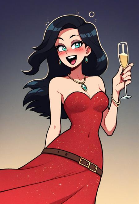 score_9, score_8_up, score_7_up, score_6_up, HCSV1, thick outline, black outline, woman, fair, petite, ((long hair)) (long black hair), smooth hair, shiny black hair, long straight hair, gorgeous burgundy dress, modern cocktail-dress, dynamic pose, tipsy, intoxicated, feminine body language, holding a champagne glass, laughing, medium round breasts, she likes to wear a dress, corporate party background, fancy party interior, face detail, high quality, turquoise eyes, front facing, (blushing), eyeliner, makeup, drunk necklace, jewelry, elegant purse, belt