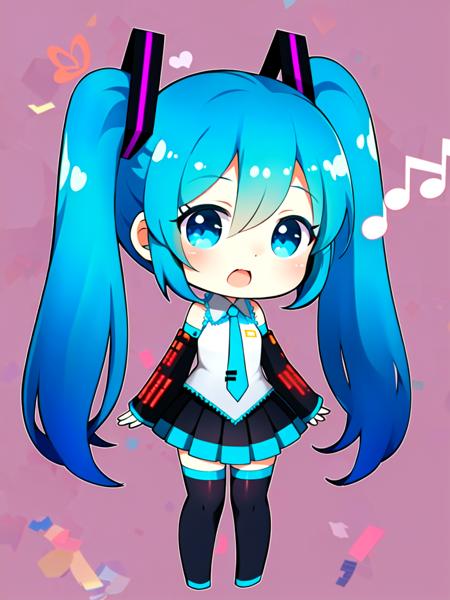 masterpiece, best quality, chibi, 1girl, hatsune miku, blue hair, twintails, singing, musical note, holographic clothing, <lora:den2chibi:0.9>