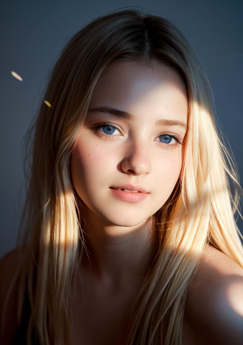 A blonde woman in a sunlit room.