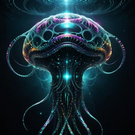 cosmic jellyfish made out of fractangles, tentacles composed of transparent polygonal chains, glowing edges flickering like alien circuitry, pulsing softly in the dark ocean void, surreal underwater bioluminescence, fractangles