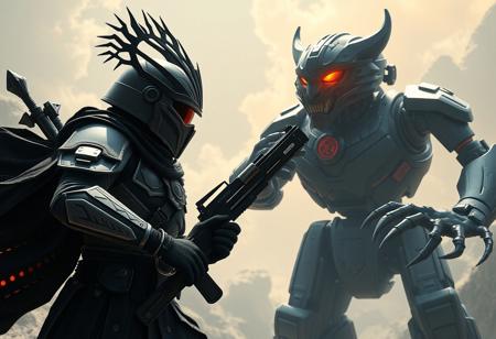 Silent standoff: Horus' Servant soldier in black/gray gear with gun and knife, facing Brotherhood of the Fire Fist - Tiger King robot, gray/black with claw arm and visor. Dream Mirror of Joy background, highly detailed backdrop. Cinematic lighting, dynamic pose, isometric, Golden Ratio composition. Splash Ink Illustration, Raphael style, Houdini style, Octane Render, Unreal Engine 5, Grammer Effect style. Vivid detail, stunning colors, trending on ArtstationHQ, CGSociety.