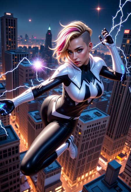 very athletic and sexy erotic pose swinging between buildings, very cute 2.5d reaslitic anime superhero  poster gwen stacy, fabulous body, eroticism, ((sexy spider gwen)), ((very cute young and sexy spider gwen photo at night)), , flat tummy, flying through the air, close-up action shot, hips, feet, head tilted back, back arched, one knee up, one leg outstretched, electric sexy lighting, erotic lighting, volumetric lighting, cinematography, small breasts, (white spider gwen superhero suit) ,(pink highlights in hair, very short blond hair, shaved sides), (sexy spider gwen hoodie), feels so good, eyebrow piercing, wearing kinky choker, rooftop at night, spiderwebs everywhere, gorgeous eyes, looking at viewer, (face),  ((young, uhd, ((great dark tan)), cum)), sensual photograph, nikon, (very sexy black and white spider gwen suit), athletic body, black leggings, undercut messy blonde hair, shooting spider webs out of her hands, electric spider webs emitting energy, perky small breasts, flat chest