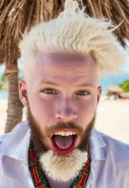 Crazy Beard Day, albino African young adult man, with brown eyes, with crazy beard, weird and unusual beard style, traditional accessories or beard colors, funny face with tongue out, traditional Tanzanian clothes, portrait, hyper-realistic, action scene, comedy, on a beach from Tanzania, blurred background, [prompt created by Kico Toralles]