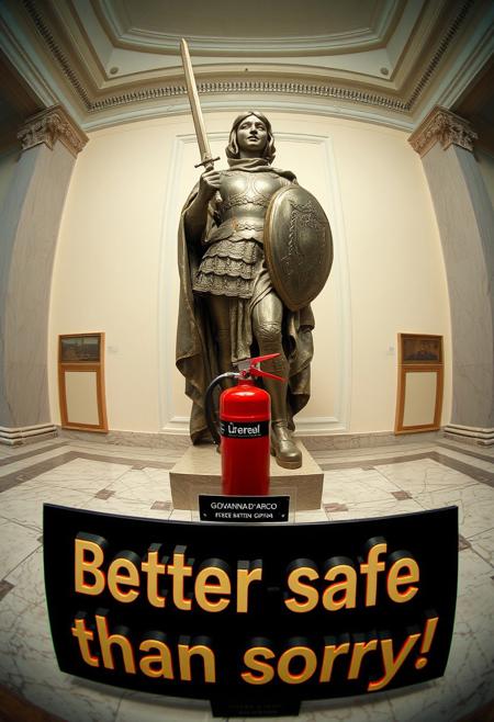 “Create an image of a statue of Giovanna d’Arco (Joan of Arc) displayed in a museum setting, shot using a Hasselblad camera with 12mm fisheye optics. The statue should have a classic, realistic style, capturing Joan in her iconic armor, holding a sword and shield, but with a gentle, subtle smile on her face, softening the heroic pose. The setting is an elegant, spacious museum with marble floors and soft lighting highlighting the statue. Near the base of the statue, there should be an extinguisher (extintor) subtly placed in the scene, offering a contrast between the historical figure and the modern, functional object. In the foreground, include a small panel with the text ‘Better safe than sorry!’ in bold, plastic extruded characters, with a 3D glossy plastic finish. The fisheye lens should distort the perspective slightly, creating a dynamic, wide-angle view that enhances the contrast between the ancient statue and the modern safety feature, adding a surreal and playful touch to the composition.”