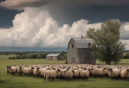 Cumulo-nimbus storm cloud landscape, close-up flocks of grazing sheep, background antique wooden farmhouse with antique grain silo, photography very realist