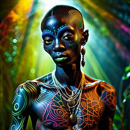a mystical, and high-resolution image of an anthropomorphic alien, long limbs, black skin with eccentric tattoos
The image should feature rich colors and high contrast, focusing on the best quality