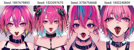 (masterpiece, best quality), 1girl, solo, pink hair, tongue, tongue out,short hair, collar, jewelry, multicolored hair, hair between eyes, pink eyes, looking at viewer, bangs, portrait