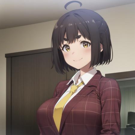 <lora:Nona_V2:0> <lora:FruitTartV2:1> 1girl, solo, looking at viewer, upper body, smile, closed mouth, thick eyebrows, indoors, fancy house, suit, tie, collared shirt, large breasts, black hair, short hair, ahoge, bangs, yellow eyes