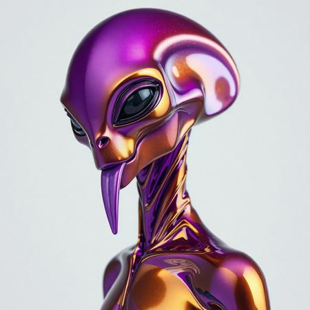 abstract male alien model in latex shiny full body outfit  avant-garde style with reflective gold and purple bold Color Scheme   He has a small nose and slim mouth with a long tongue