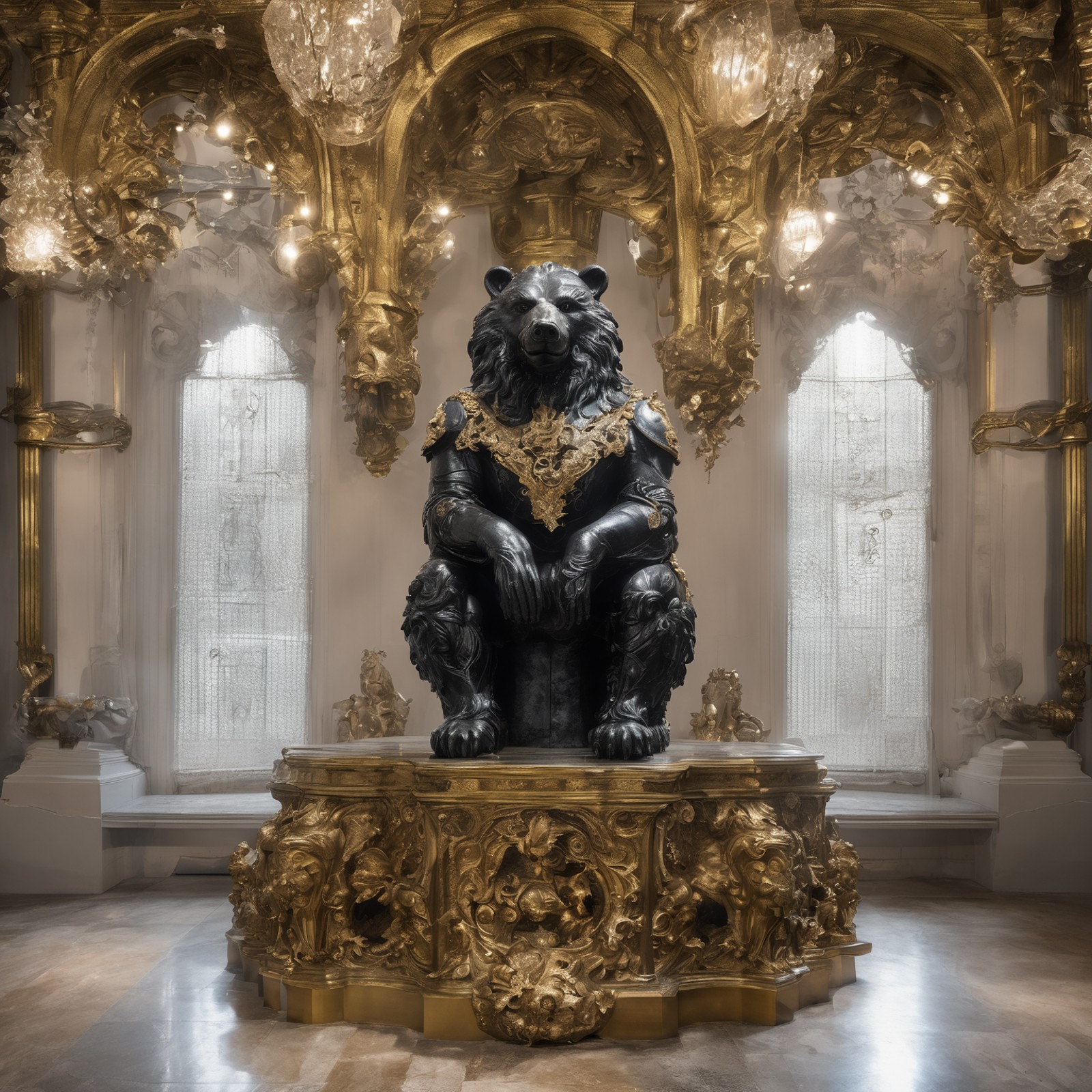 a photo of a  ceramic plastic bear shaped  baroque full-face rococo statueof sauron in gothic new york city by basil gogos...