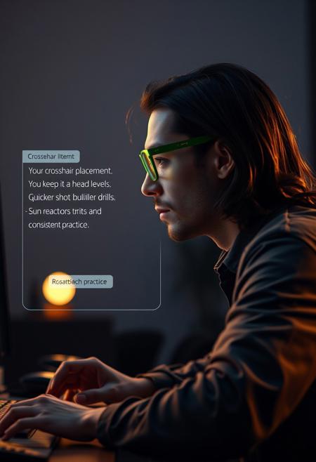 “Create a 16:9 cinematic scene where a player sits at a desk, immersed in a game, the room dimly lit by the glow of the screen. On the screen, a male AI operator with long brown hair and green and yellow reading glasses appears as a semi-transparent hologram. His glasses have a sleek, futuristic frame, reflecting the soft light of the screen, giving him an intellectual, high-tech appearance.
The player asks the operator for tips on improving aim and reaction time. The AI operator calmly advises on crosshair placement, recommending keeping it at head level for quicker shots. He also suggests reaction drills and the importance of consistent practice. Floating text or icons highlight key points like ‘Crosshair Placement’ and ‘Reaction Drills.’
The scene alternates between close-ups of the player’s focused face and the operator’s glowing form. His green and yellow glasses subtly catch the light, adding a touch of style to his digital form. The operator’s calming tone and confident demeanor inspire the player, who nods, feeling more prepared and confident to improve their skills.”