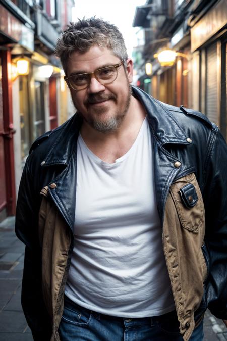 PhillJupitus, photo of a rugged man wearing leather jacket and jeans and white t-shirt walking down the street, smile, glasses, soft focus, photo by mark henderson, cinematic, natural lighting, muted colors, night, bokeh, face portrait, (extreme close up:1), urban, beard, dynamic pose, muscular, fog, red and blue neon city lights, alley, realistic, masterpiece, intricate details, detailed background, depth of field <lora:PhillJupitusLora:1>