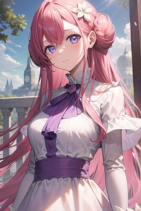 euphemia, <lora:euphemiatest:1>, 
euphemia li britannia, doughnut hair bun, hair bun, hair flower, hair ornament, long hair, pink hair, (purple eyes:1.1), (medium breast:1.2),
BREAK bow,  dress, frills, lace, ribbon,
BREAK looking at viewer,
BREAK outdoors, park,
BREAK <lora:GoodHands-vanilla:1>, (masterpiece:1.2), best quality, high resolution, unity 8k wallpaper, (illustration:0.8), (beautiful detailed eyes:1.6), extremely detailed face, perfect lighting, extremely detailed CG, (perfect hands, perfect anatomy),