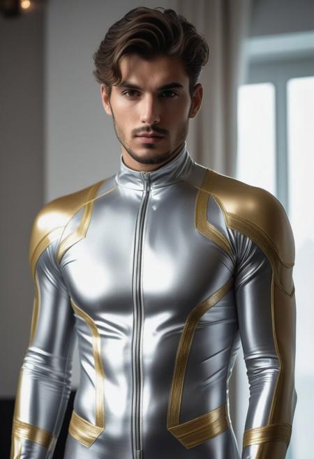 two strong  26-year-old italian hunk males, with a side fringe curtains hairstyle, detailed face, confused expressions, wearing a skin tight silver spandex futuristic suits with gold and white spandex details,  standing at attention posture,  fullbody, on a modern living room, looking to the camera, detailed face, professional photography, shot on sony a 7RIII , looking to the camera,  detailed skin face and eyes, natural lighting ,  film grain, low contrast, natural face,  dark circles under eyes