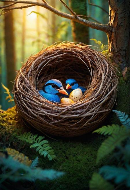 Insanely detailed illustration, beautiful composition!! A bird nestled in her nest, set against the backdrop of a forest at twilight. The nest, glowing with a soft, luminescent light, cradles the bird as she watches over her eggs. The forest around her is bathed in the gentle hues of dusk, with shadows and light playing across the leaves and branches. The scene combines the real with the surreal, creating an atmosphere of enchanting tranquility and natural magic. The bird and her nest are depicted with hyperrealistic detail, each feather and twig rendered with precision, glowing subtly as if illuminated by an inner light. The overall effect is ethereal, blending the bird and her nest seamlessly with the mystical forest environment, as if they are an integral part of this magical world. The colors are deep and vivid, adding to the intense and infinite feel of the scene.