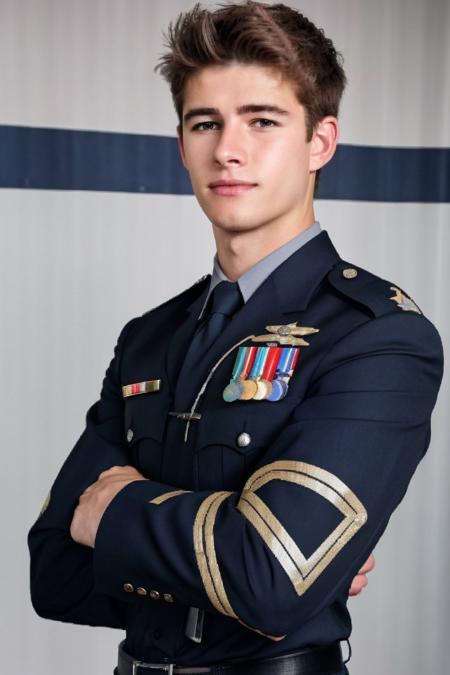 realistic, sfw, an attractive 18 years old fit caucasian boy standing, police uniform, <lora:darelljones:0.7>, darelljones,