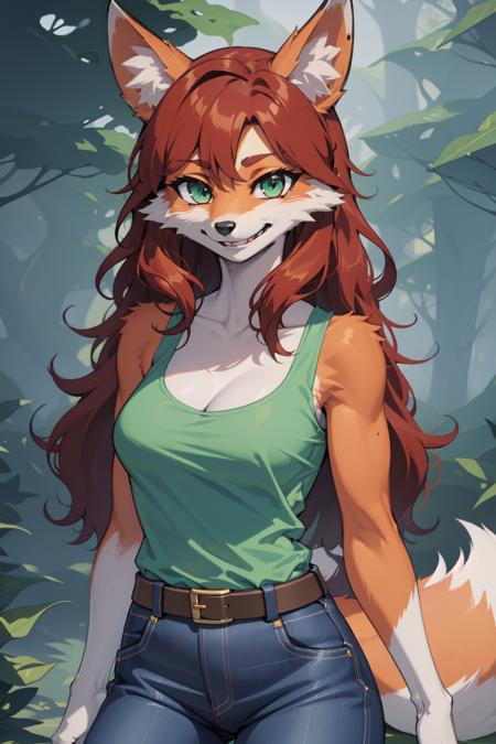 zoo1, green eyes, bangs, orange hair, very long hair, fox tail, dark skin, fox girl, tank top, jeans, belt, boots zoo2, green eyes, bangs, orange hair, very long hair, fox tail, snout, two-tone fur, tank top, jeans, belt, boots