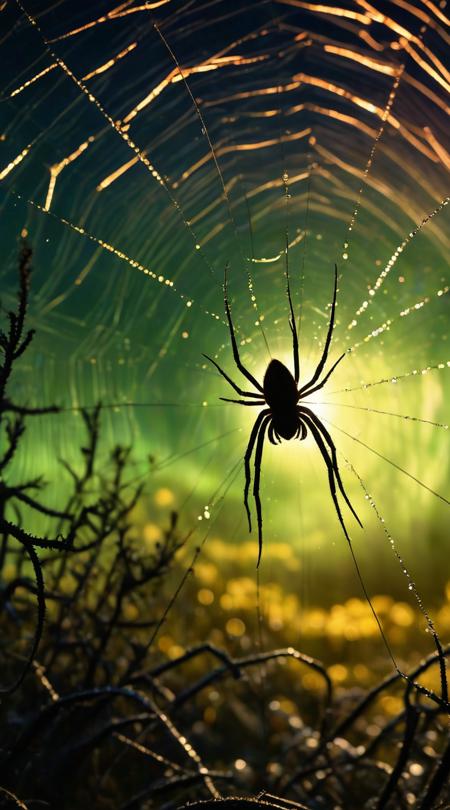 Star-threaded spiders, growing a secret garden, Backlight silhouette, blustery with strong winds, contrasting light and dark, narrow angle focused shot, hyper close-up on texture, doodle art spontaneous lines, cold metallic gleam, aurora borealis lighting, spiraling focal point, HDR tonal enhancement.