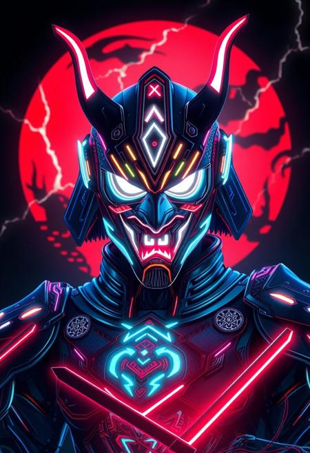masterpiece, best quality, volumetric lighting, neon colors, dark background, 1man, male, closeup, Raijin with an oni mask, god of thunder, god of lighting, god of lightning, thunder, and storms, cyber tron neon Raijin armor, full armor, Covered face, covered eyes, standing in front of a tomoe, tomoe background, cyber horns, ninja pose, kunai, blades, flying raijin, so fast leaving mirages, katana
