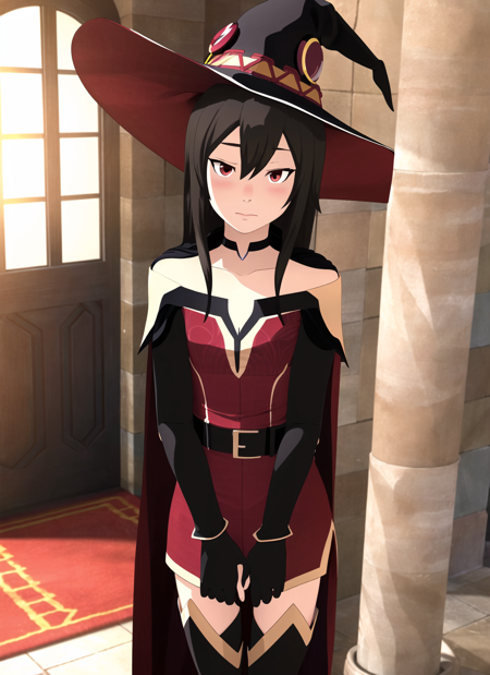 aaravos <lora:dragon_prince_aaravos_offset:1.2>, megumin, 1girl, bare shoulders, black hair, black cape, black gloves, blush, cape, choker, collarbone, dress, hair between eyes, , hat, long sleeves, looking at viewer, medium hair, off-shoulder dress, off shoulder, red dress, red eyes, sidelocks, solo, witch hat, indoors, ((masterpiece)), cgi, 3d