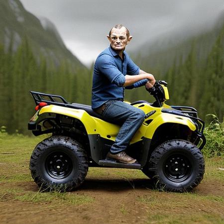 A full body photo of gollum, aka smeagol, he's carrying an Uzi and riding an ATV, 
It looks cute and adorable yet fierce at the same time, realistic, funny, 
highest quality, exceptional accuracy and realism,