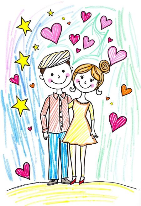 This is a colorful, whimsical drawing depicting a drawing of a happy couple, stars and hearts in the background. <lora:5yocrayon1_cap_d6a3e12:1.0><lora:822103212283676683:0>