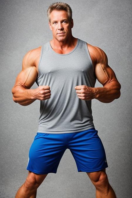 professional photoshoot Sport Illustrated  style of: 45yo man, bodybuilder,  sleeveless tank top, the hands must be well represented, the hands must have five fingers, the hands must be anatomically correct, the hands must be well proportionated