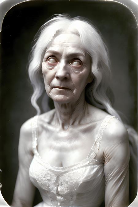 daguerreotype photograph, head and shoulders potrait, of a frail old woman, long tangled white hair, intricate lace dress, white high-necked blouse with a high neckline, white eyes, whiteeyes