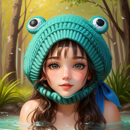 <lora:green_ois_hat:1.0>A playful otter in a turquoise ois hat with a pair of frog eyes BREAK, sliding down a muddy slope, its webbed feet splashing in the water, in a colorful abstract style.