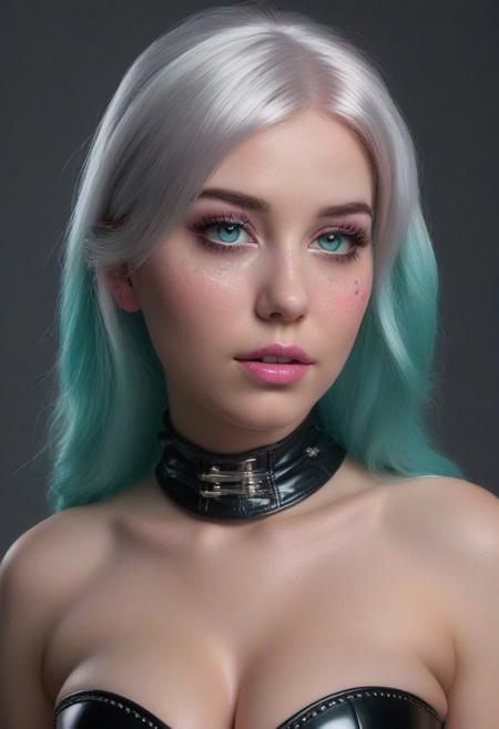 A woman with silver  hair with Teal and Pink tips,  freckles with 0.8 intensity, wearing a latex corset, shot from the side view. The photo should be extremely detailed, with beautiful detailed teal speckled eyes, full lips, pale skin, and a neutral expression. The background should be neutral gray with studio lighting, in the style of dennis mukai, and in RAW photo format. 44d bust, boob focus, dramatic angle, extreme angle shot, neon color grading