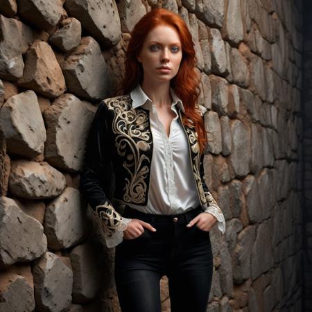 Ultra realistic full body color pencil drawing of red haired beautiful woman, dressed in a tight  white blouse, black jeans and an intricately ornamented black  jacket. At a rough stone wall, (facing the viewer),
BREAK
Deep dark intense brown foggy background,
dynamic lighting, (soft shadows), (soft focus),  (photo realistic), uhd, 8k