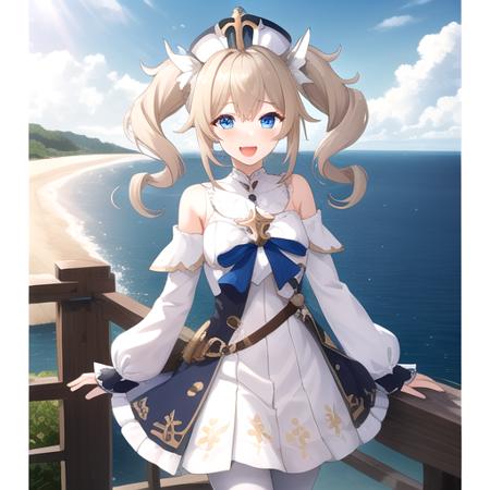 ((masterpiece)),(best quality),official art,extremely detailed CG,unity 8k wallpaper,ultra detailed,A lighthouse on a cliff by the sea,1girl,solo,cowboy shot,looking at viewer,twintails,;d,blue_eyes,long_hair,white_dress,white_pantyhose,blonde_hair,star_\(symbol\),hat,twin_drills,drill_hair,bangs,latin_cross,blue bow,hair_ornament,frilled_dress,long_sleeves,bare_shoulders,white_headwear,detached_sleeves,medium breasts,<lora:Barbara(gen)>,