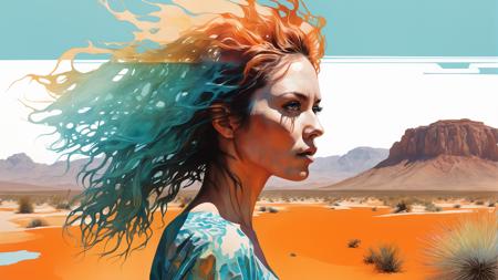 surreal double exposure portrait of a beautiful desert oasis and a hyperdetailed woman with water hair under the bright Savannah sunlight,by Dave White,Conrad Roset,Brandon Kidwell,Andreas Lie,Dan Mountford,Agnes Cecile,heatwave,gouache,triadic colours,thick opaque strokes,brocade,accurate depth of field,hyperdetailed,whimsimcal,amazing depth,dynamic,dreamy masterwork by head of prompt engineering,