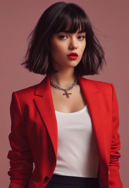 The image is a digital illustration or rendering of a young woman with a bold, Imagine girl in high heels, edgy aesthetic. She has dark, shoulder-length hair with blunt bangs framing her facial features. Her expression is intense and slightly confrontational, with furrowed brows and a pursed lip., 
The woman is wearing a bright red blazer or jacket over what appears to be a black turtleneck sweater or top. The jacket has a sharp, tailored cut, accentuating her slim figure. A delicate cross necklace adds a subtle accent., 
The background is a solid, vibrant red color, creating a striking contrast with the woman's dark hair and drawing attention to her face and upper body. The overall style is highly stylized and digital, with smooth textures and a somewhat surreal, graphic novel-inspired quality., 
The combination of the bold red hue, the woman's assertive gaze, and her powerful yet fashionable outfit conveys a sense of confidence, intensity, and perhaps a hint of defiance or rebellion. The image exudes a contemporary, urban vibe with a touch of mystery and attitude.