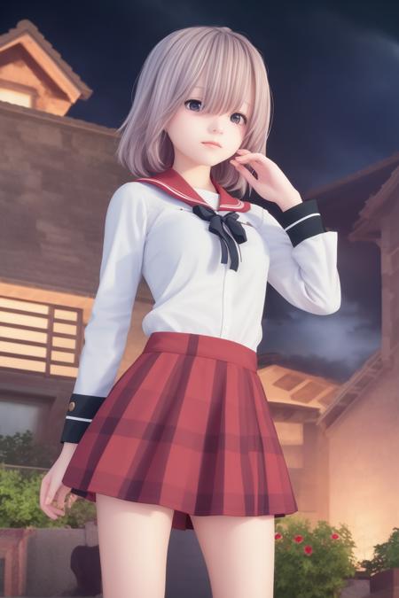 masterpiece,bast quality,official art,8K wallpaper,game cg,isuzurensch \(magiarecord\),red skirt,white shirt,hair over one eye,expressionless,1girl,solo,dark sky,blue moon,cloud,blue lycoris radiata,<lora:ringsch2:1:1,0.1,0.1,0.1,0.1,0,0,0,0.7,0.9,0.9,0,0,0,0,0,0>