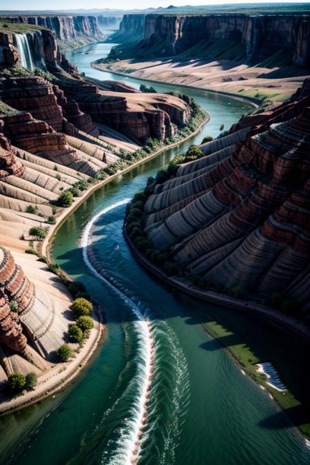 masterpiece, best quality, amazing quality
a cool image of an impossible landspace with some nice depth of field and dramatic colors, stunning landscape photograph from a bird's eye view, featuring a picturesque village situated on the banks of a river surrounded by  dessert mountains and a waterfall in the background. scenery,32k, UHD, ultra detailed, vivid colors, high quality, sharp focus