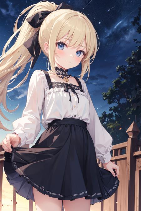 1girl,masterpiece, best quality,night sky,starry sky,casual dress, skirt,hair ribbon,close view,center,blonde,gray-blue eyes,ponytail, standing,frown,looking at viewer,facing viewer