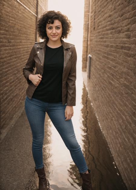 <lora:epi_noiseoffset2, dark studio, rim lighting, two tone lighting:0.3> (full-body shot, rim lighting), shot on ARRI ALEXA 65,
<lora:al1ash4w:0.7> al1ash4w, solo, curly hair, black hair, female focus, Smirking:1.2, looking at viewer, standing, hand in pocket,
brown jacket, black shirt, jeans, boots,
<lora:ReaLora:0.45>
<lora:epiCRealismHelper:0.4>
<lora:detail_slider_v4:0.5>
magazine cover, street, dust particles, fountain,