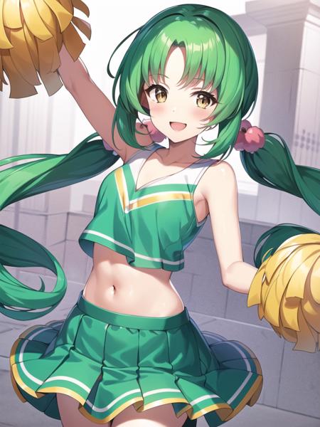 ((masterpiece)), best quality, 1girl,solo, green hair, very long hair, low twintails, bead hair accessories, brown eyes, flush, :>, simple background, open mouth, smile, blush, cheerleader, pom_pom_\(cheerleading\), green skirt