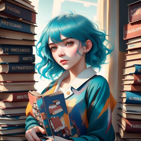 bright blue hair, long sloppy hair, holding a stack of books, with a frazzled expression, blush  vsco-20000