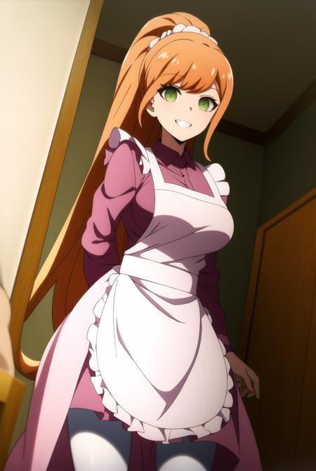 masterpiece, best quality,
orange hair, green eyes, long hair,  ponytail, bangs ,scrunchie, shirt,  labcoat,  pantyhose,
looking at viewer,standing,  YukizomeChisaZy, <lora:YukizomeChisaZy-000007:0.8>
1girl, solo, smiling, maid apron,long sleeves, high ponytail, upper teeth only, teeth, white apron, frills, very long hair, large breasts,